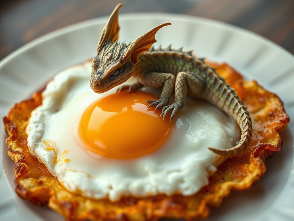 Baby Dragon Slumbers on Golden Fried Egg, Soft Focus Photogr...