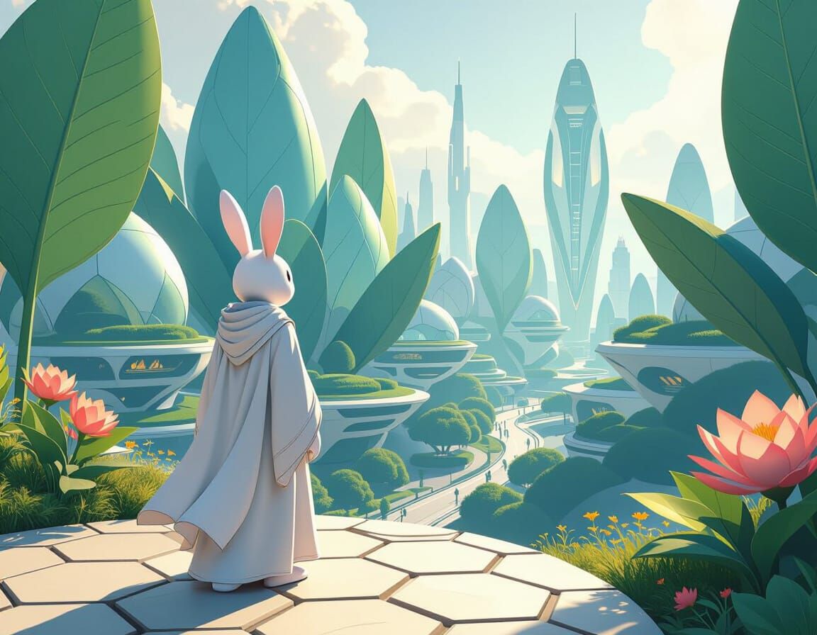 Anthropomorphic Rabbit Overlooks Solarpunk Cityscape