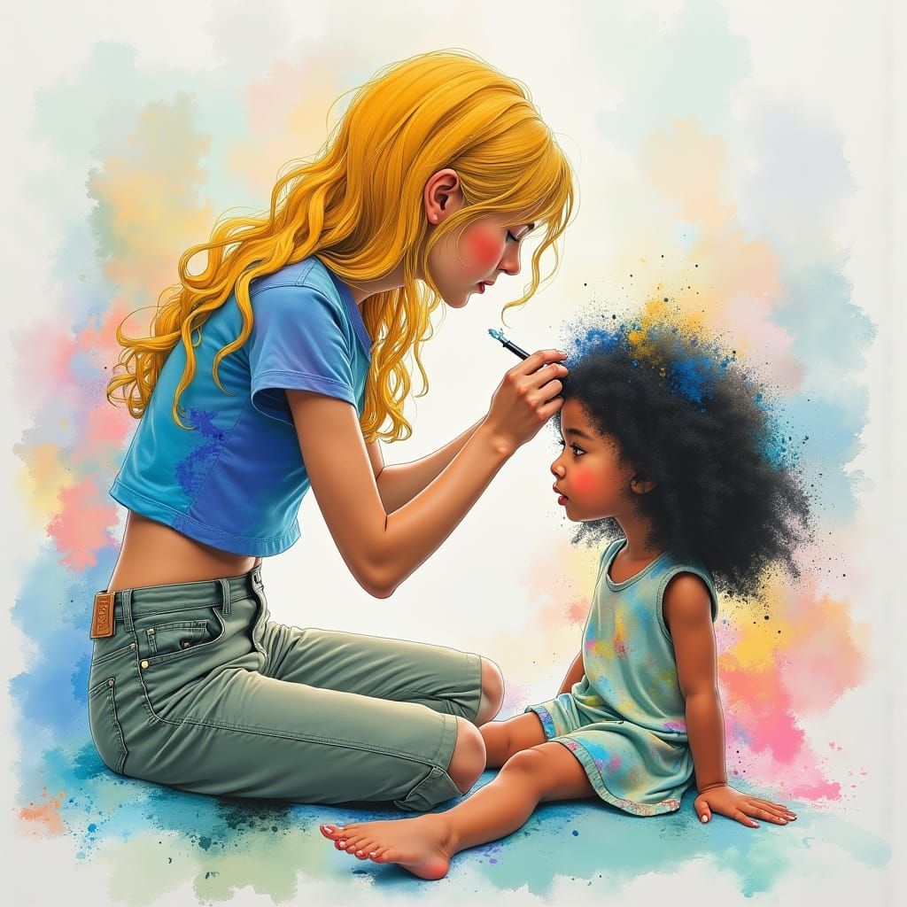 Woman Applies Blue Ink: Dark Oil Painting