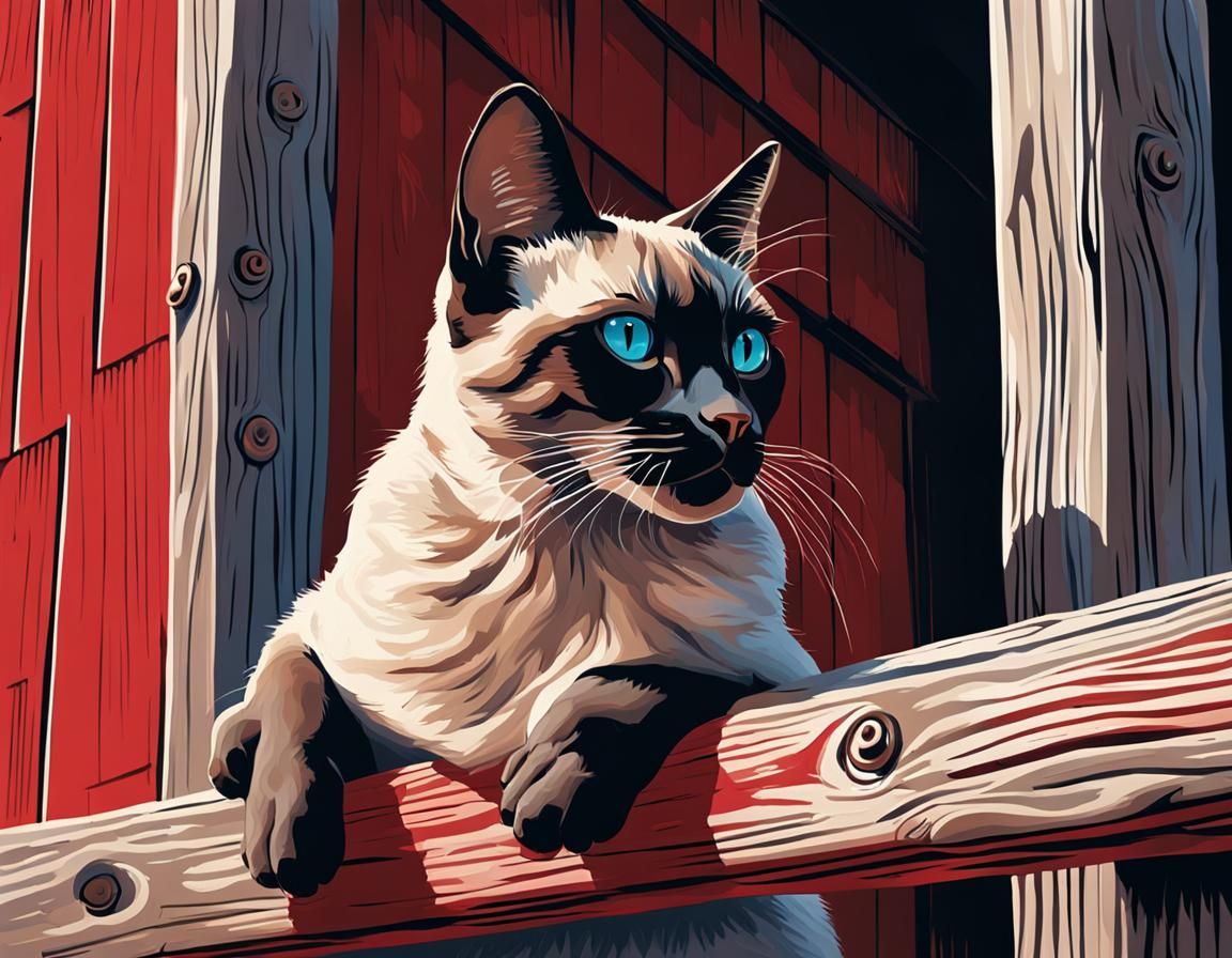 Siamese Cat on Fence in Hyperrealistic Illustration