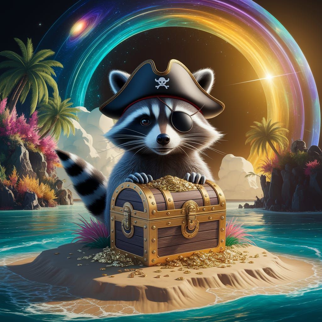 Pirate Raccoon Guarding Gold Treasure, Surreal Digital Art