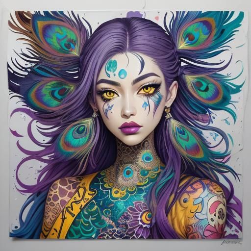 Peacock Woman Portrait in Graffiti Street Art Style