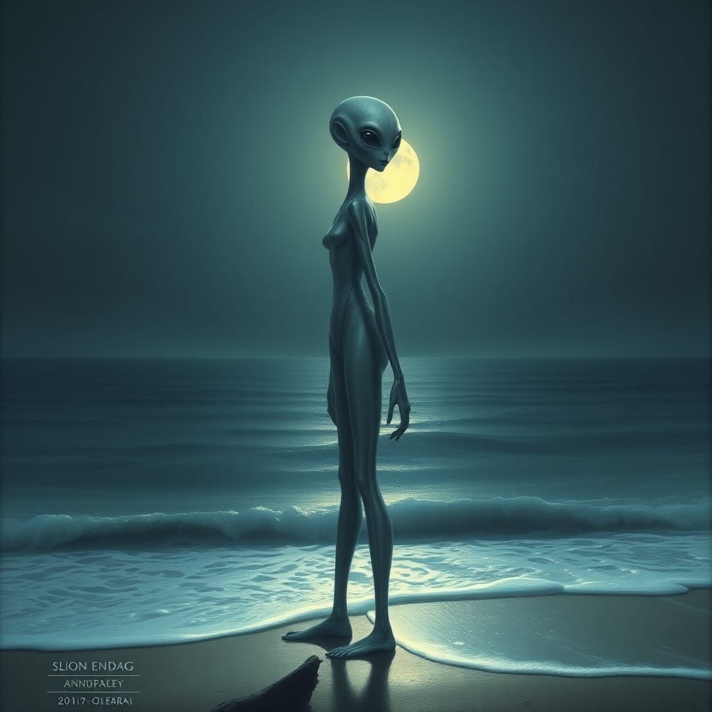 Alien on Moonlit Shore in Surreal Style