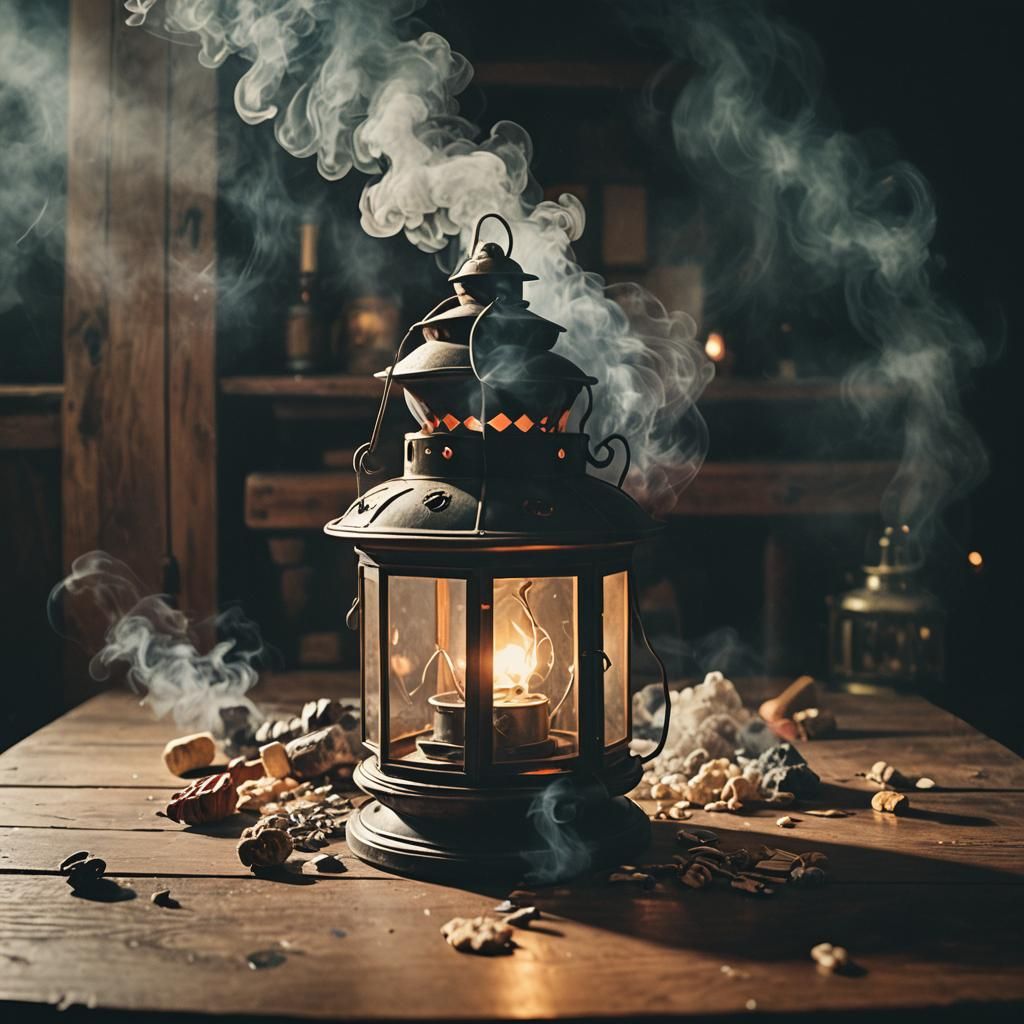 Cinematic Lantern Still Life with Smoke