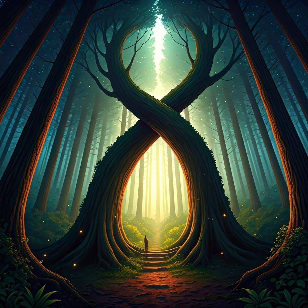 Whimsical Forest with Twisting Trees and Fireflies