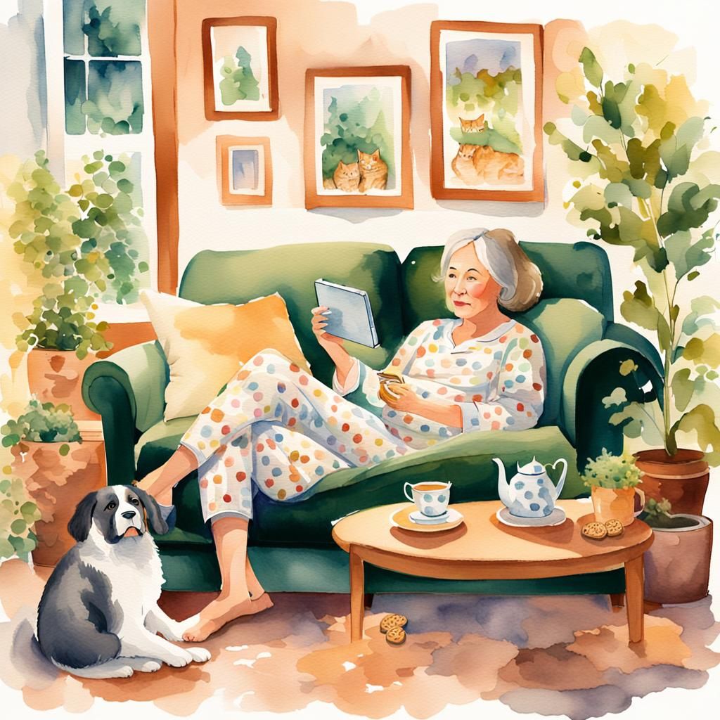Cozy Watercolor Portrait of Woman Relaxing with Pets
