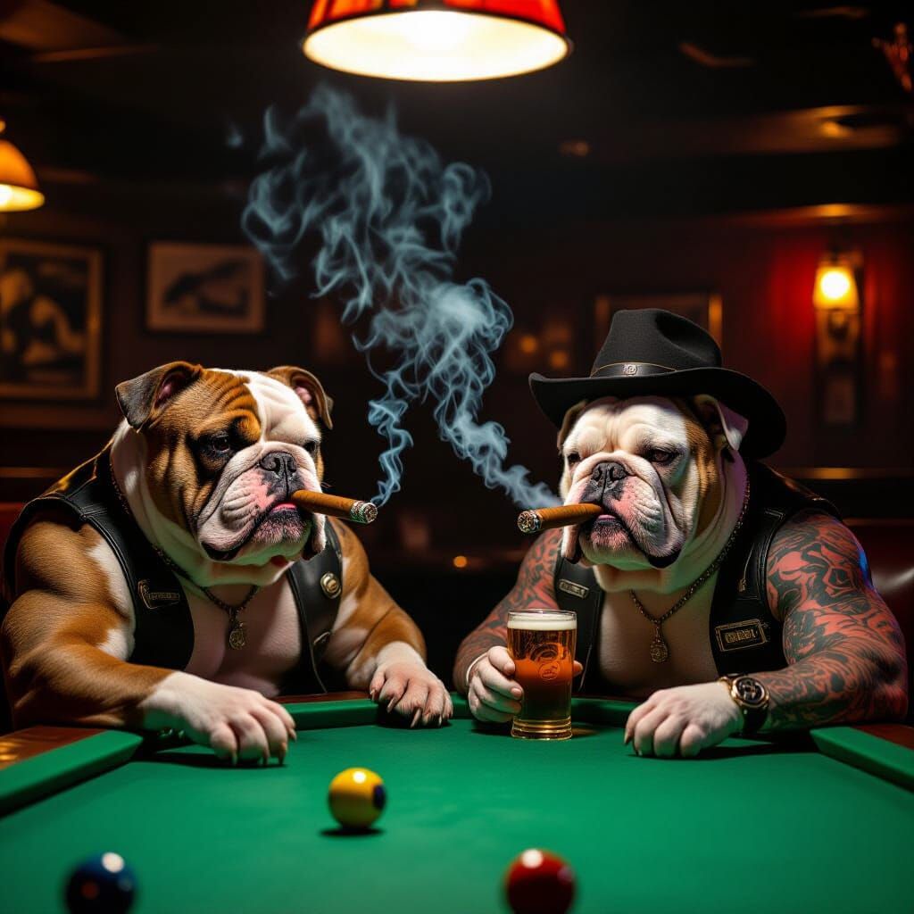 Bulldogs as Bikers Play Pool in NYC Dive Bar