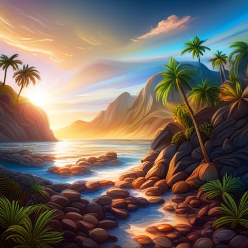 Hyperrealistic Dream Beach with Palm Trees and Cliffs