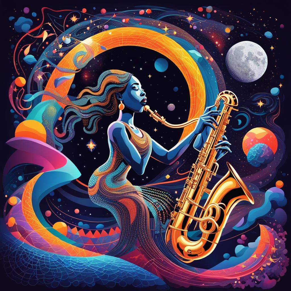 Charlie Parker Plays Saxophone in Psychedelic Vector Art