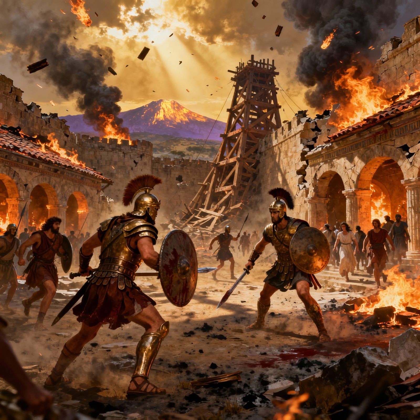 Epic Battle for Burning Troy: Ancient Greek Warriors