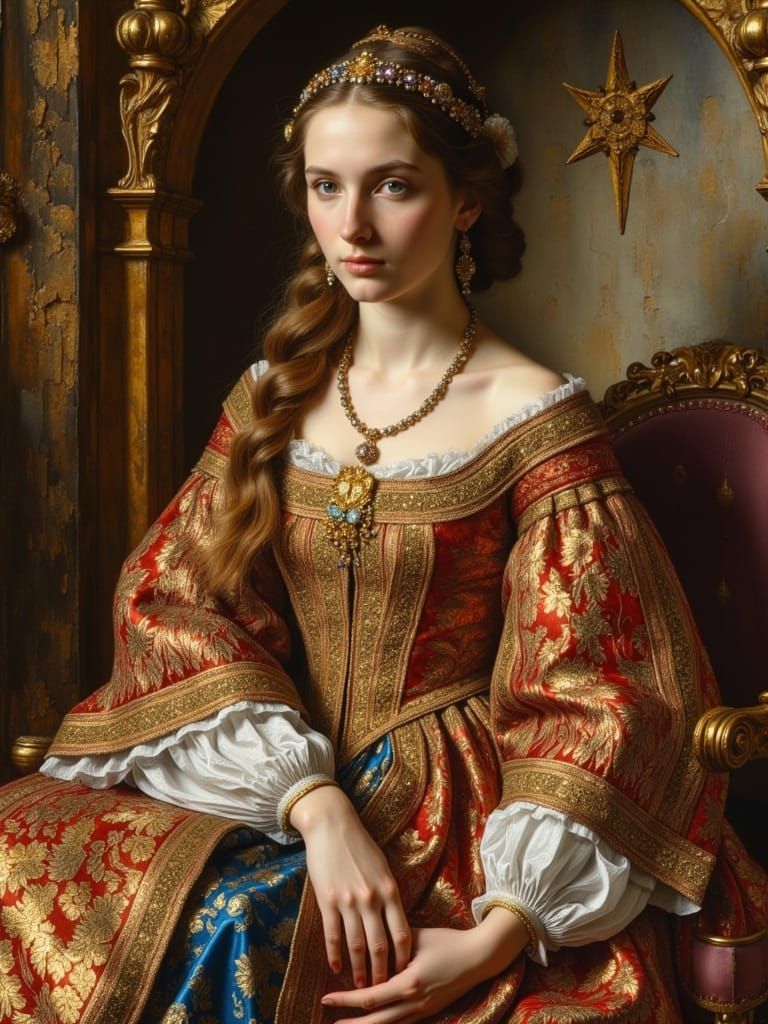 Beautiful Young Woman in 17th Century Robes, Dark Oil Painti...