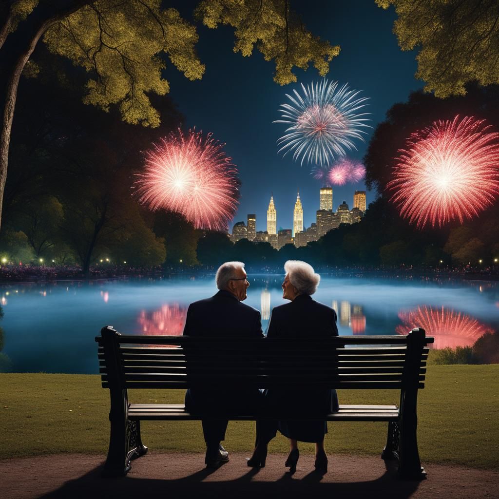 Elderly Couple Kissing Under Fireworks, Detailed Matte Paint...