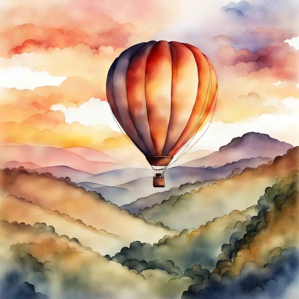 Hot Air Balloon Over Hills, Watercolor Style