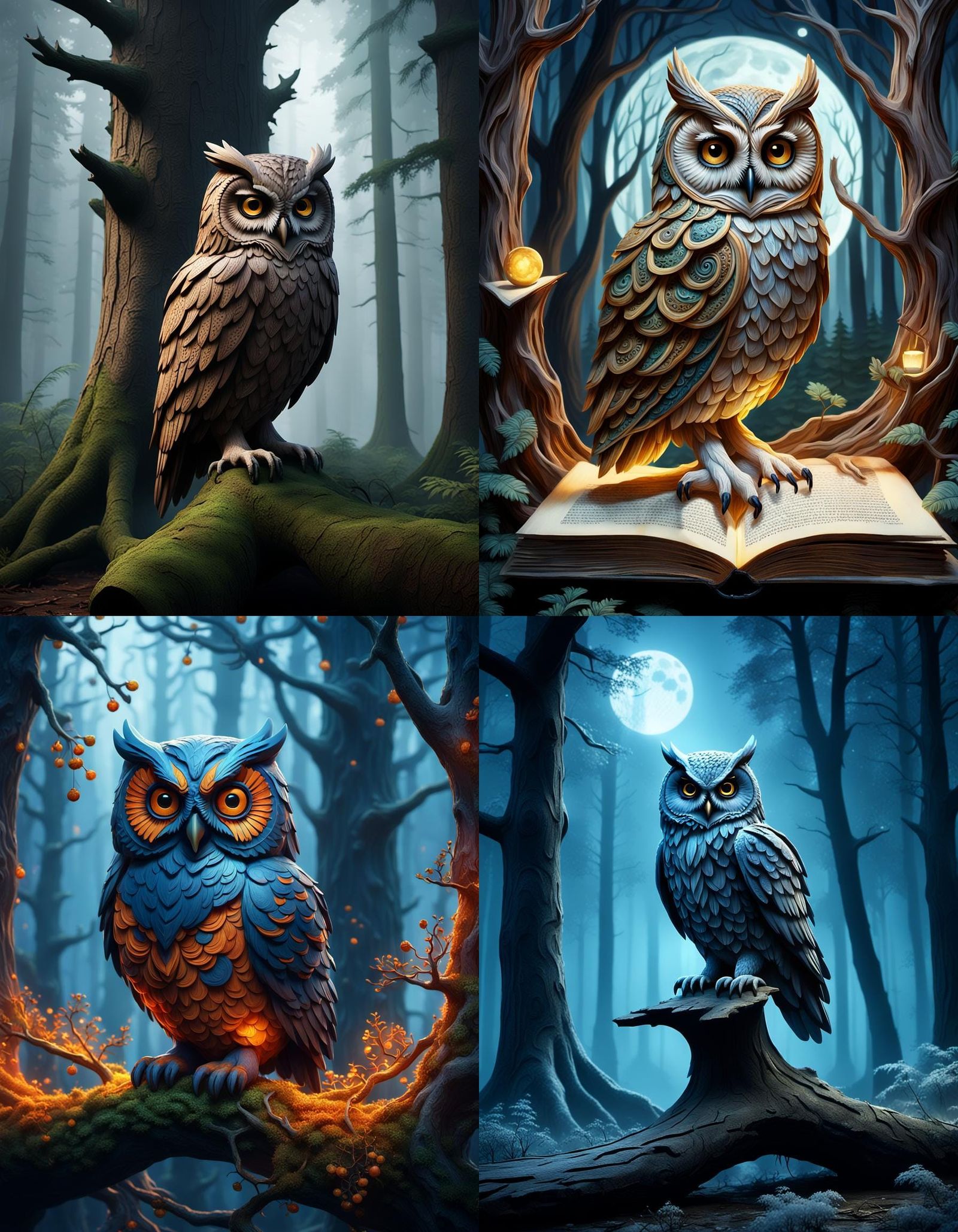 Ornate Owl Carved from Tree in Grayscale 3D