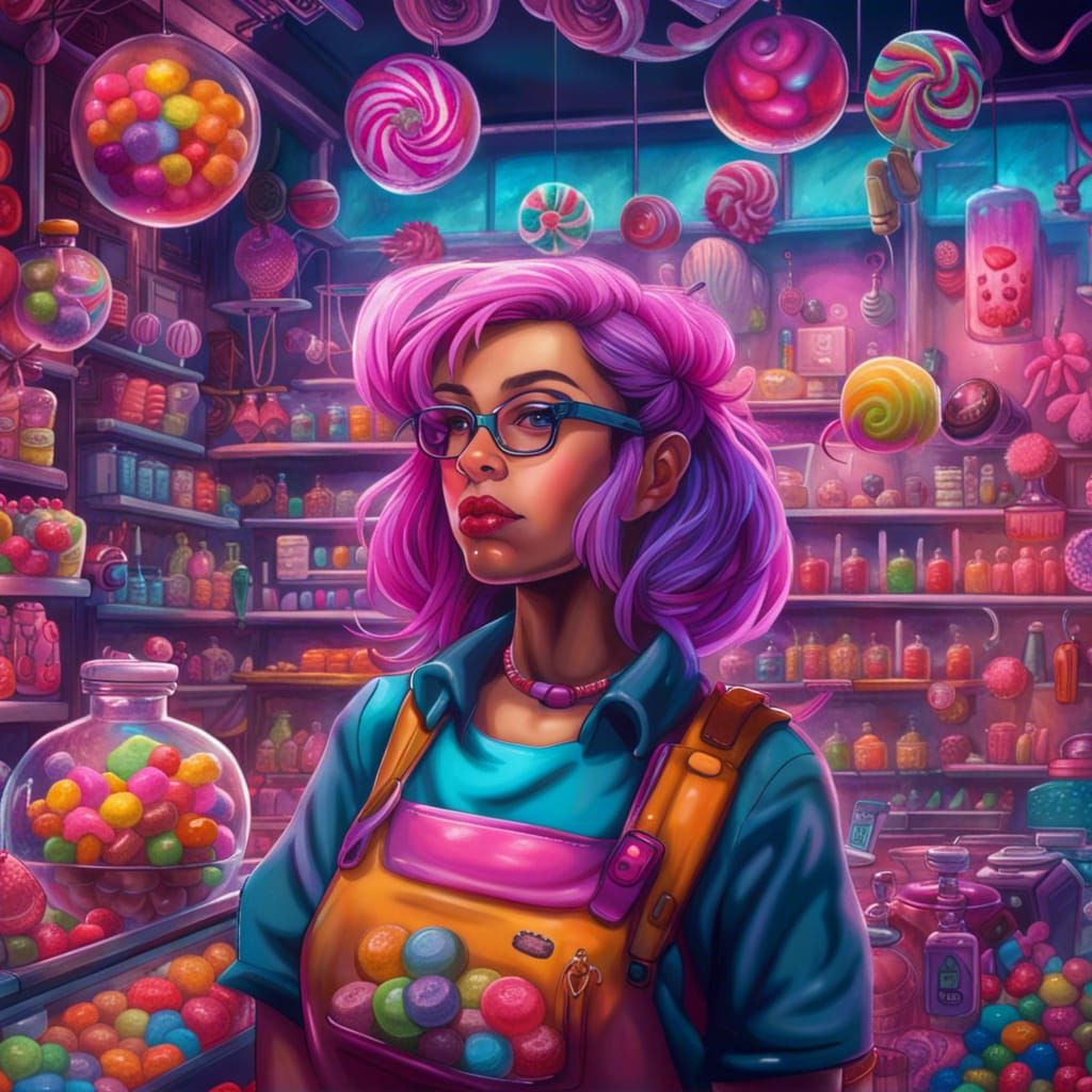 Cyberpunk Candy Shop Owner in a Colorful Store