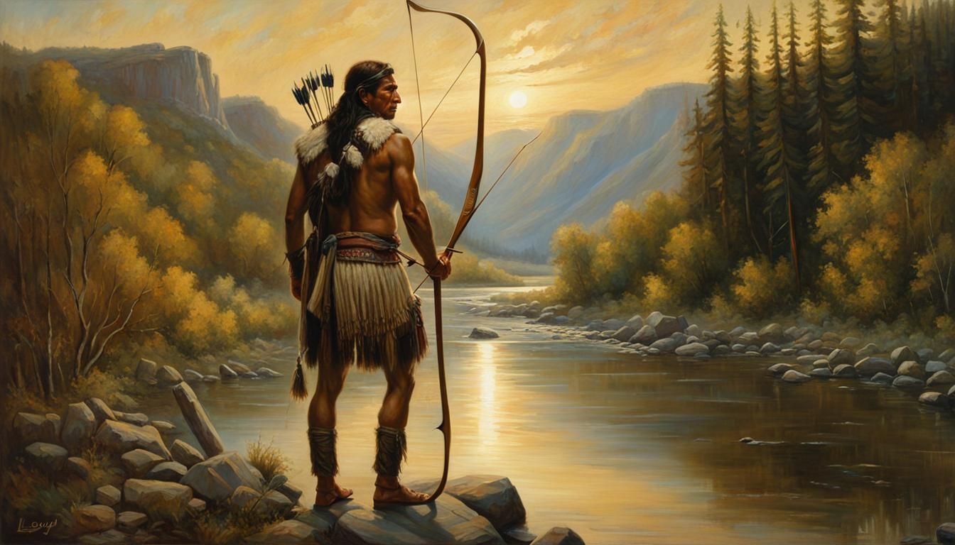 Native American Man with Bow, Oil Painting Style