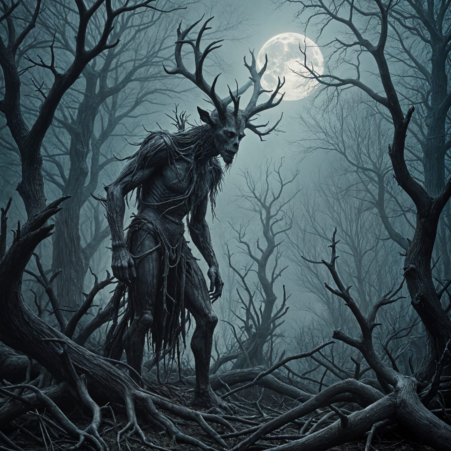 Wendigo in Dead Forest: Gustave Doré Style