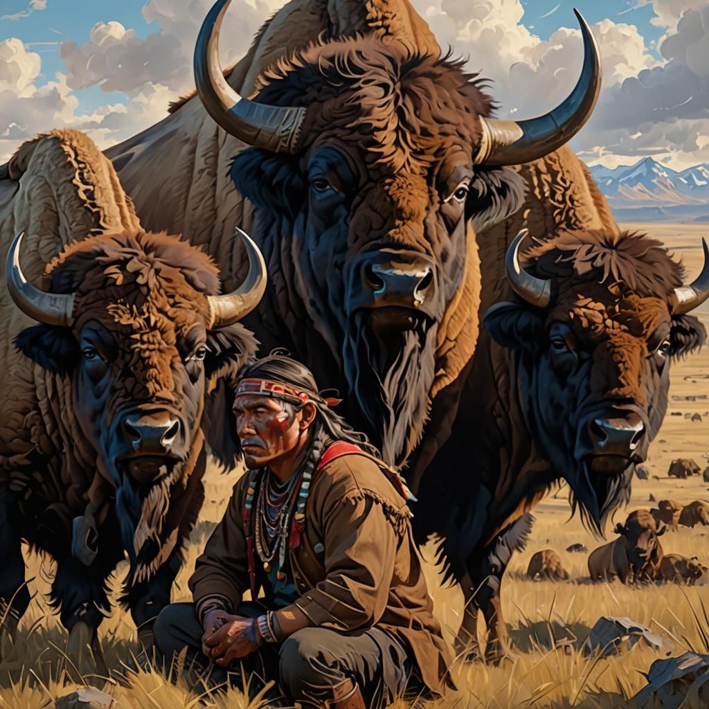 Bison and Apache Hunters Portrait in Hyperdetailed Style