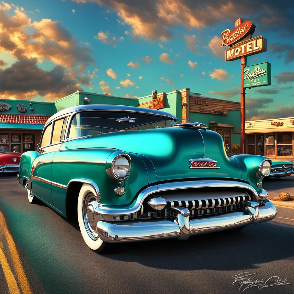 Teal Hot Rod on Route 66: Matte Painting