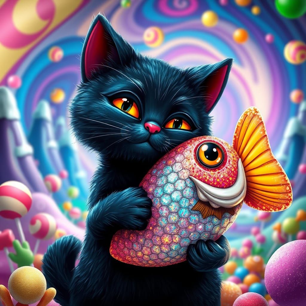 Surreal Black Cat Adores Glittering Fish in Candyland Wonder...