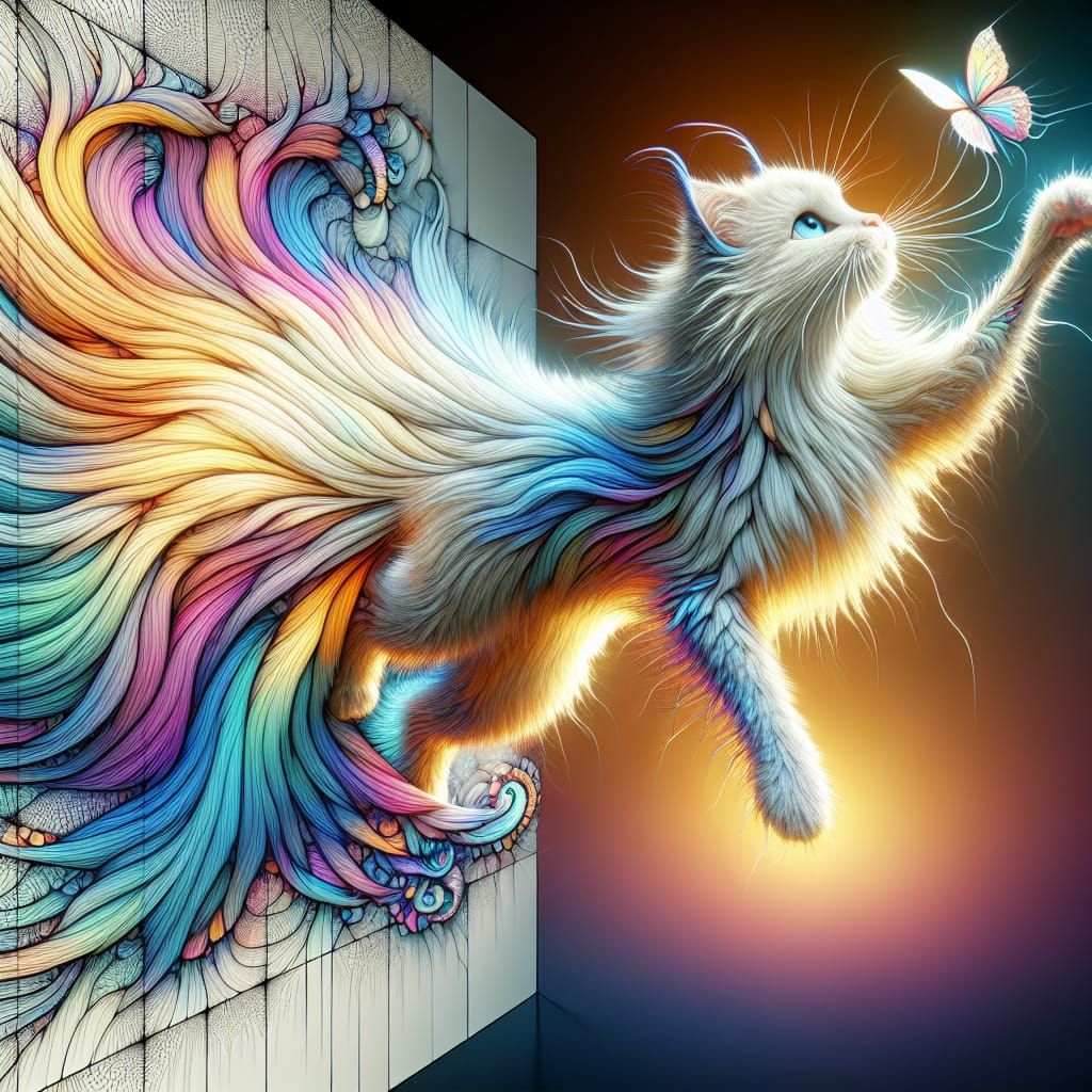 Long-Furred Cat Leaping, 2D Digital Art