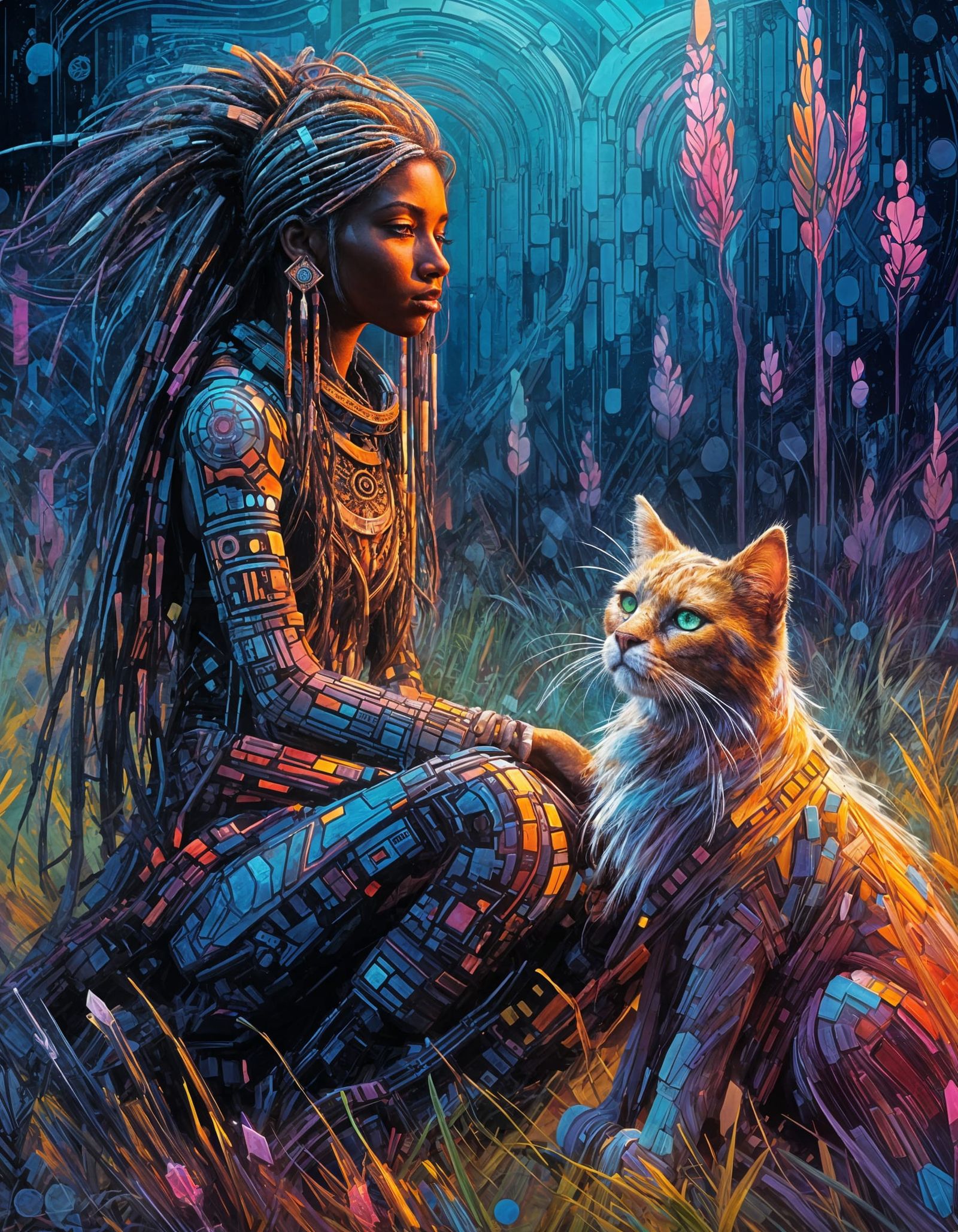 Cyberpunk Huntress with Feline Companion in Field