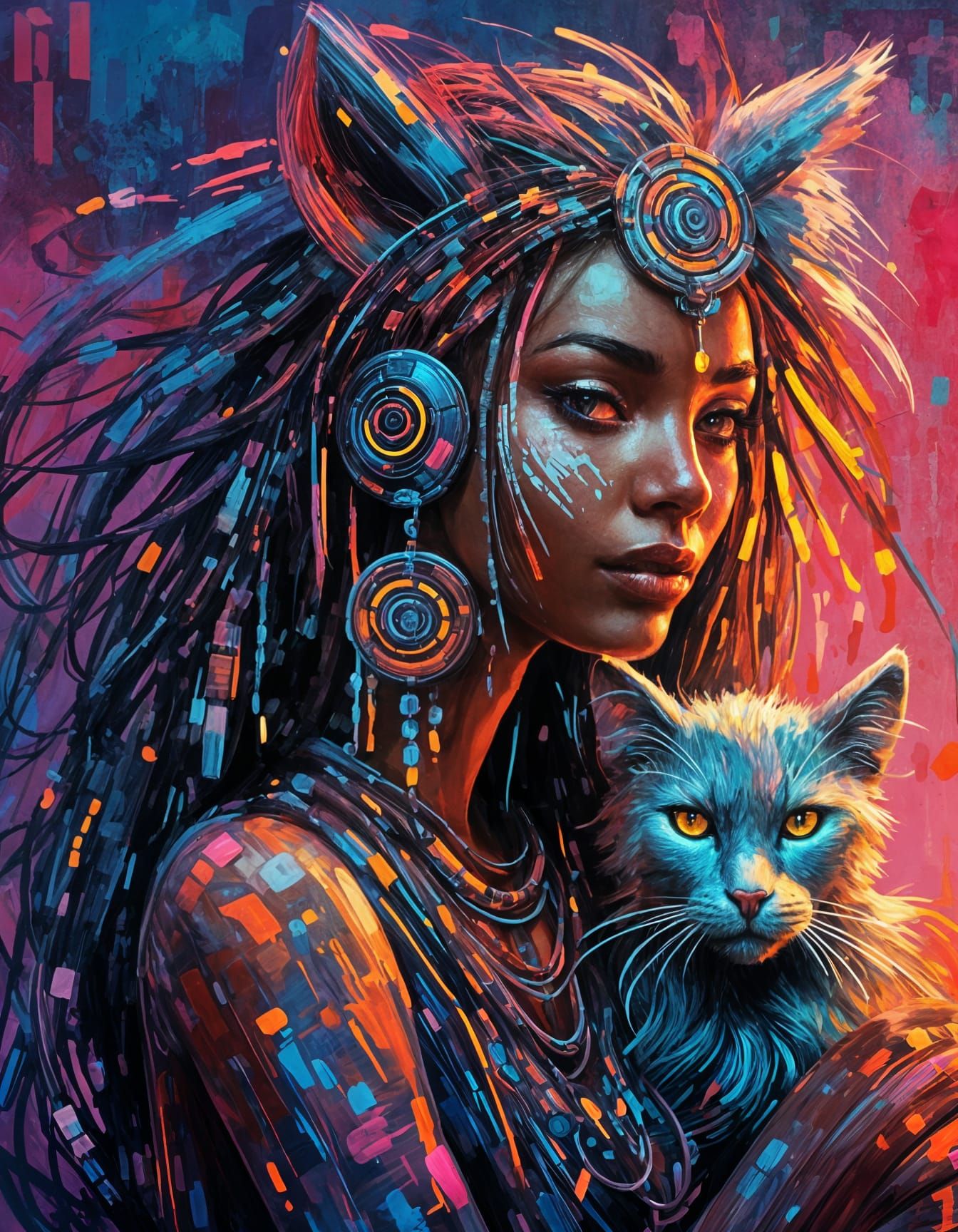 Cyberpunk Huntress and Feline Companion in Field