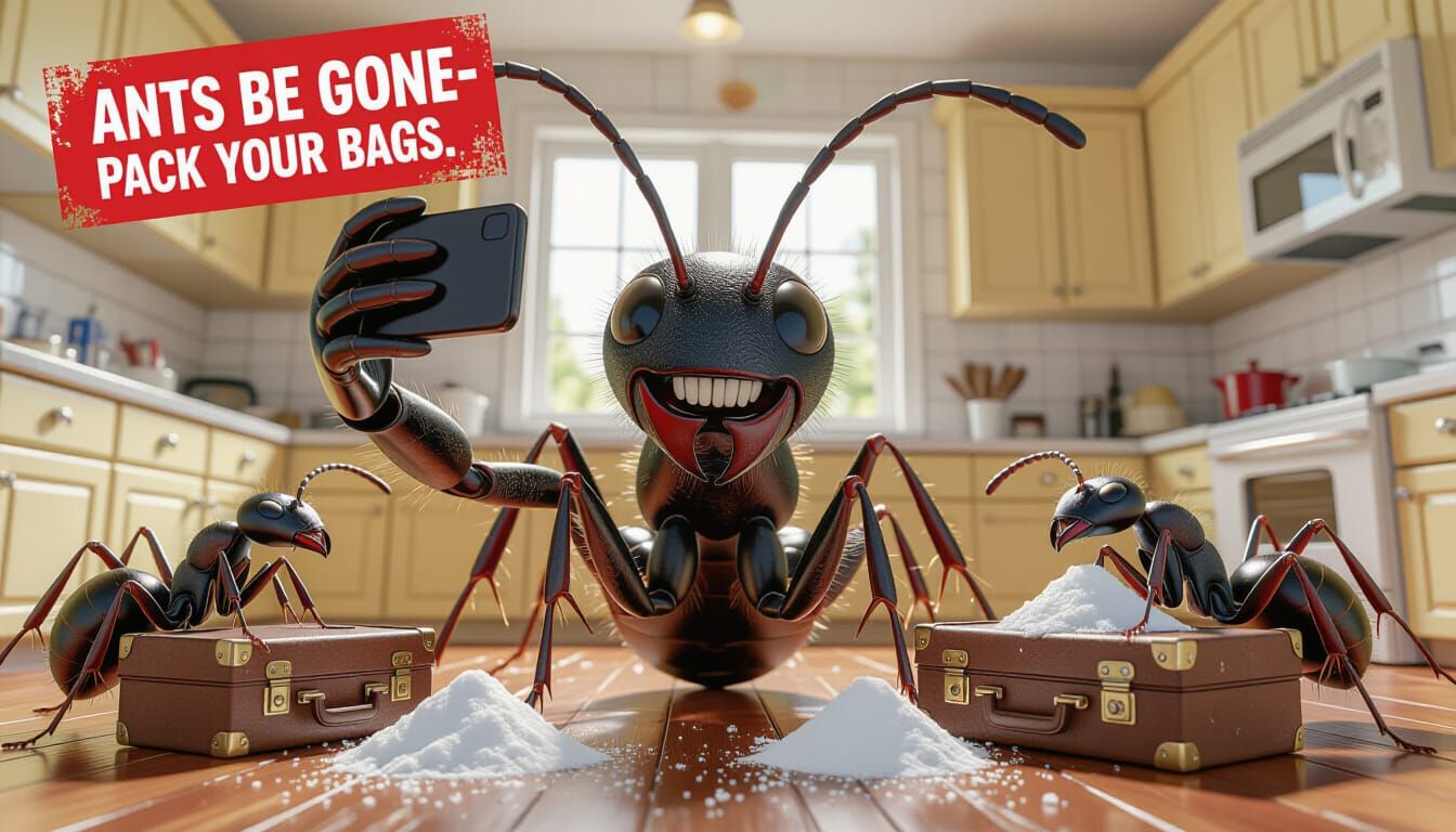 Giant Ant Selfie in a Chaotic Kitchen