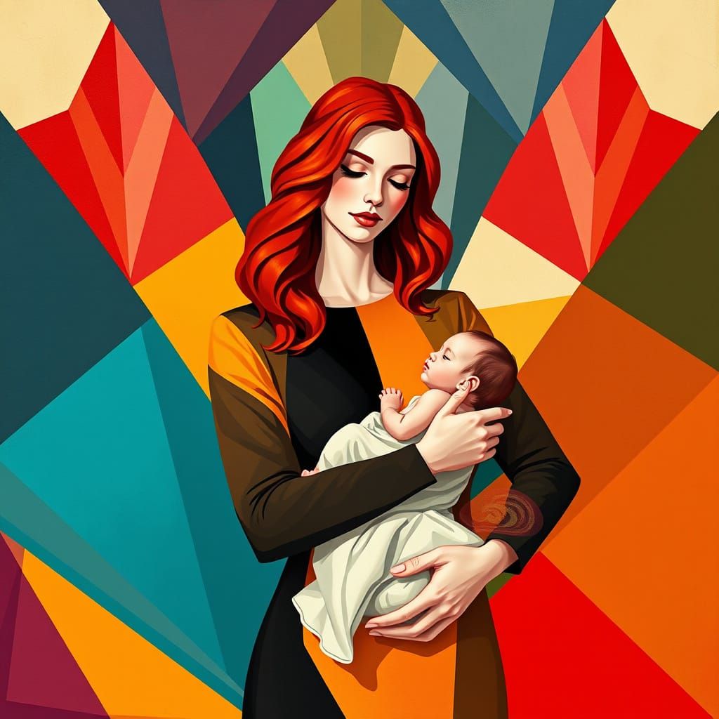 Mother and Child in Cubist Art Deco Style