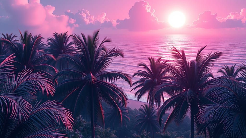 Vaporwave Forest with Sparkling Beach in Art Deco Style