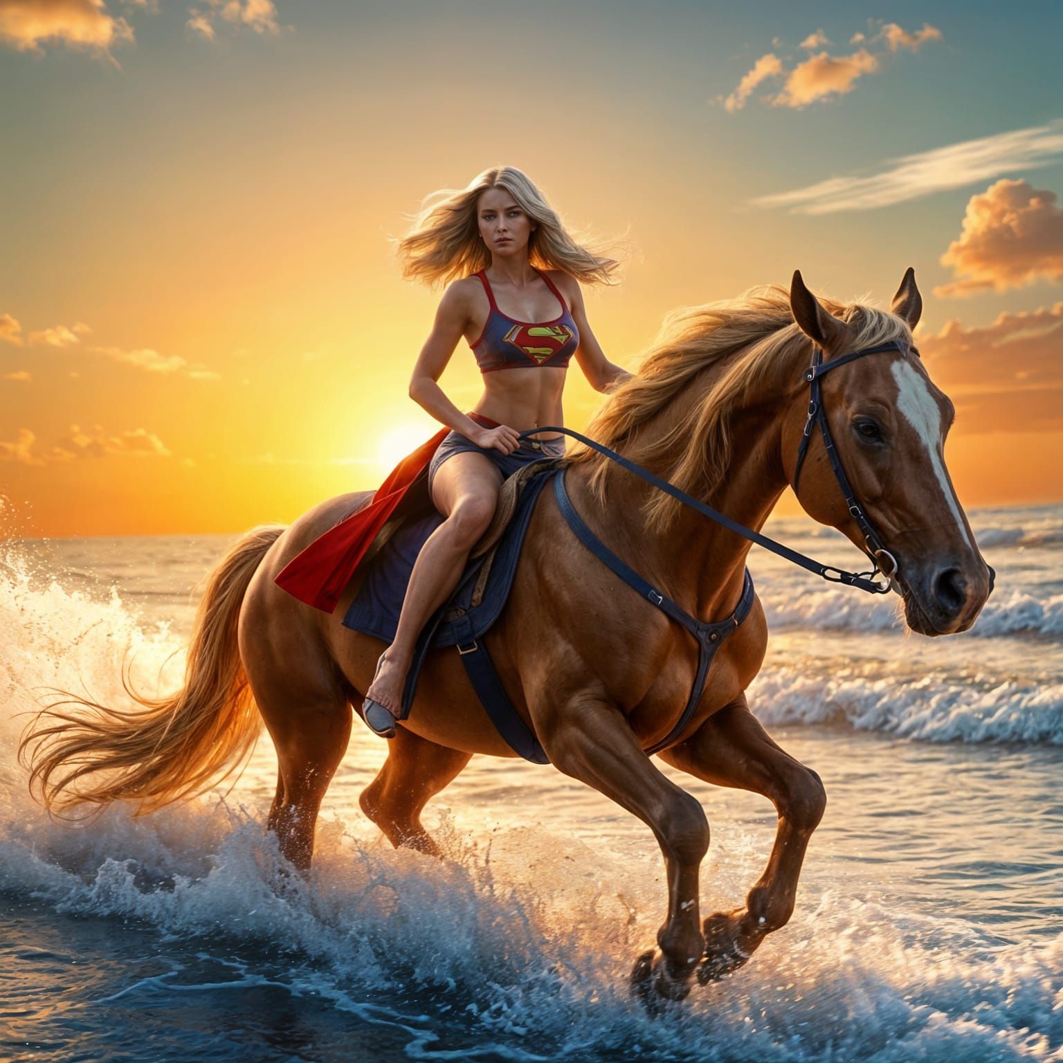 Vibrant Superheroine Rides Horse Along Sunset Beach