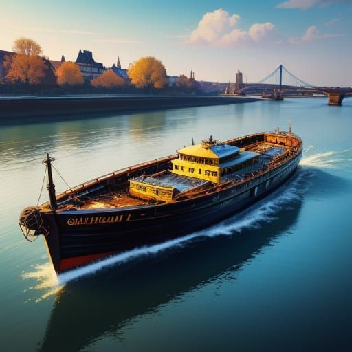 Boat on Rhine in Hyperrealistic Splash Art Style