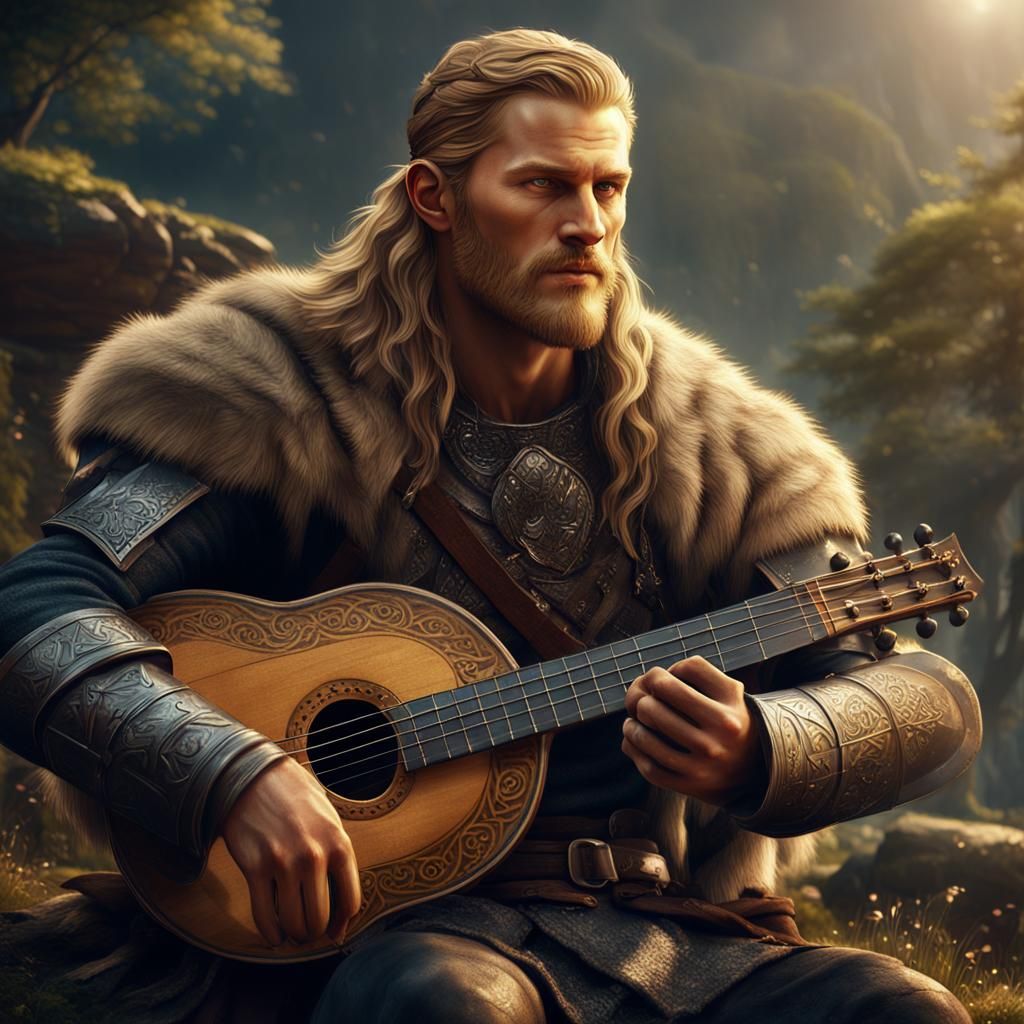 Fantasy Lute Player in Fur Armor as Epic Fantasy Concept Art