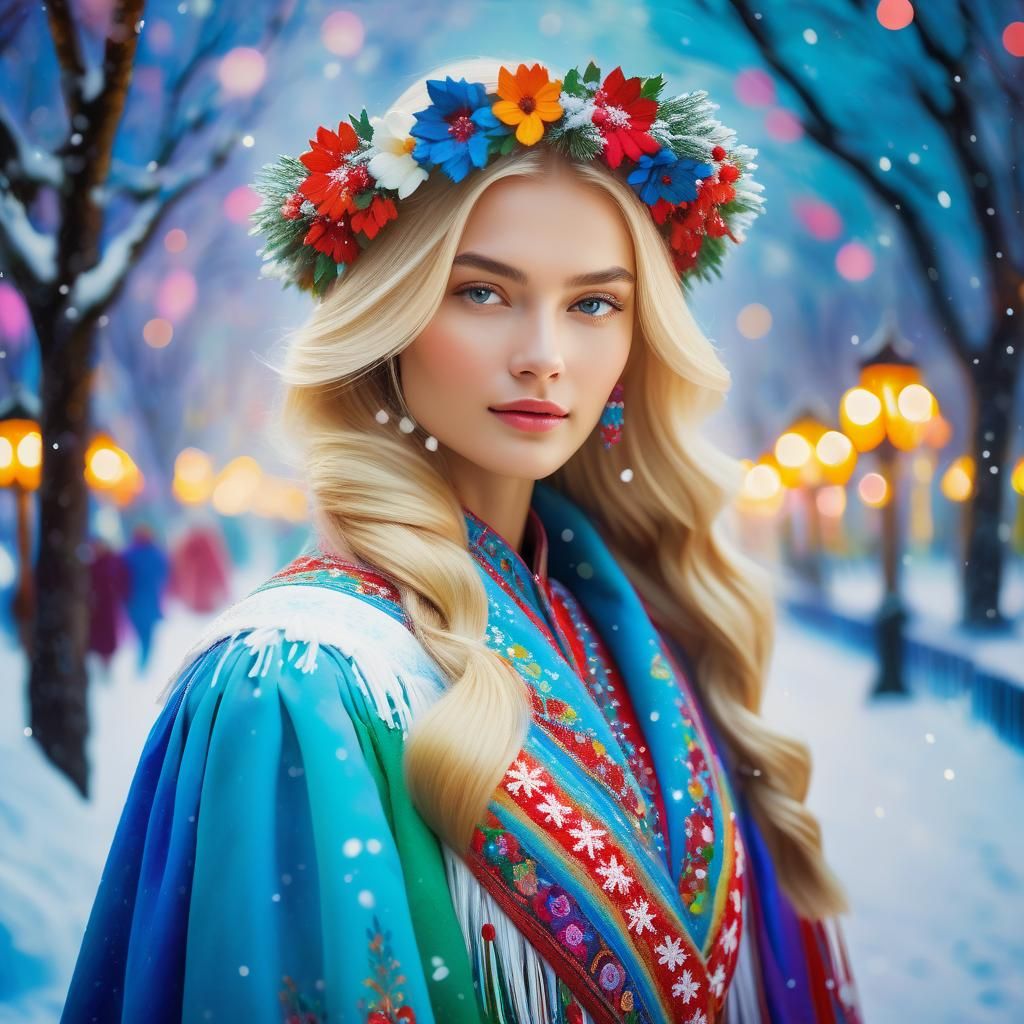 Russian Model in Snowy Moscow, Impressionist Oil Painting