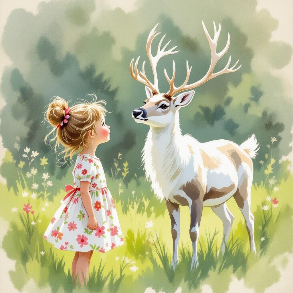 Girl and Reindeer Watercolor Illustration