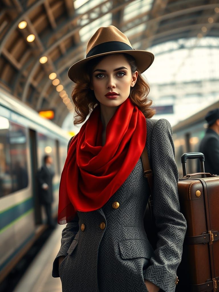 Elegant Young Woman Embodies Vintage Style at Bustling Train...