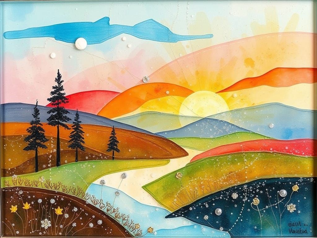 Vibrant Glass Landscape in Mixed Media Style