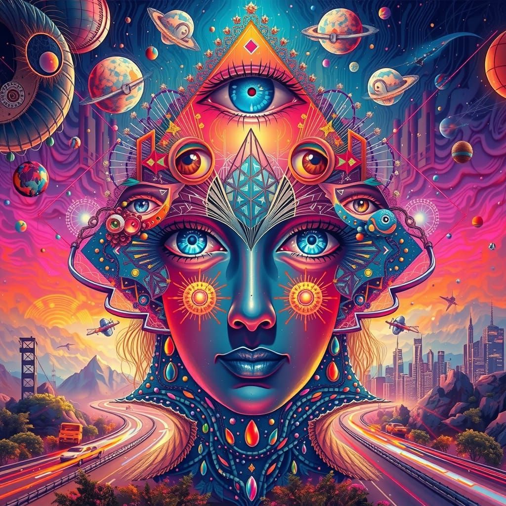 Multidimensional Eyes in a Vibrant Surreal Landscape