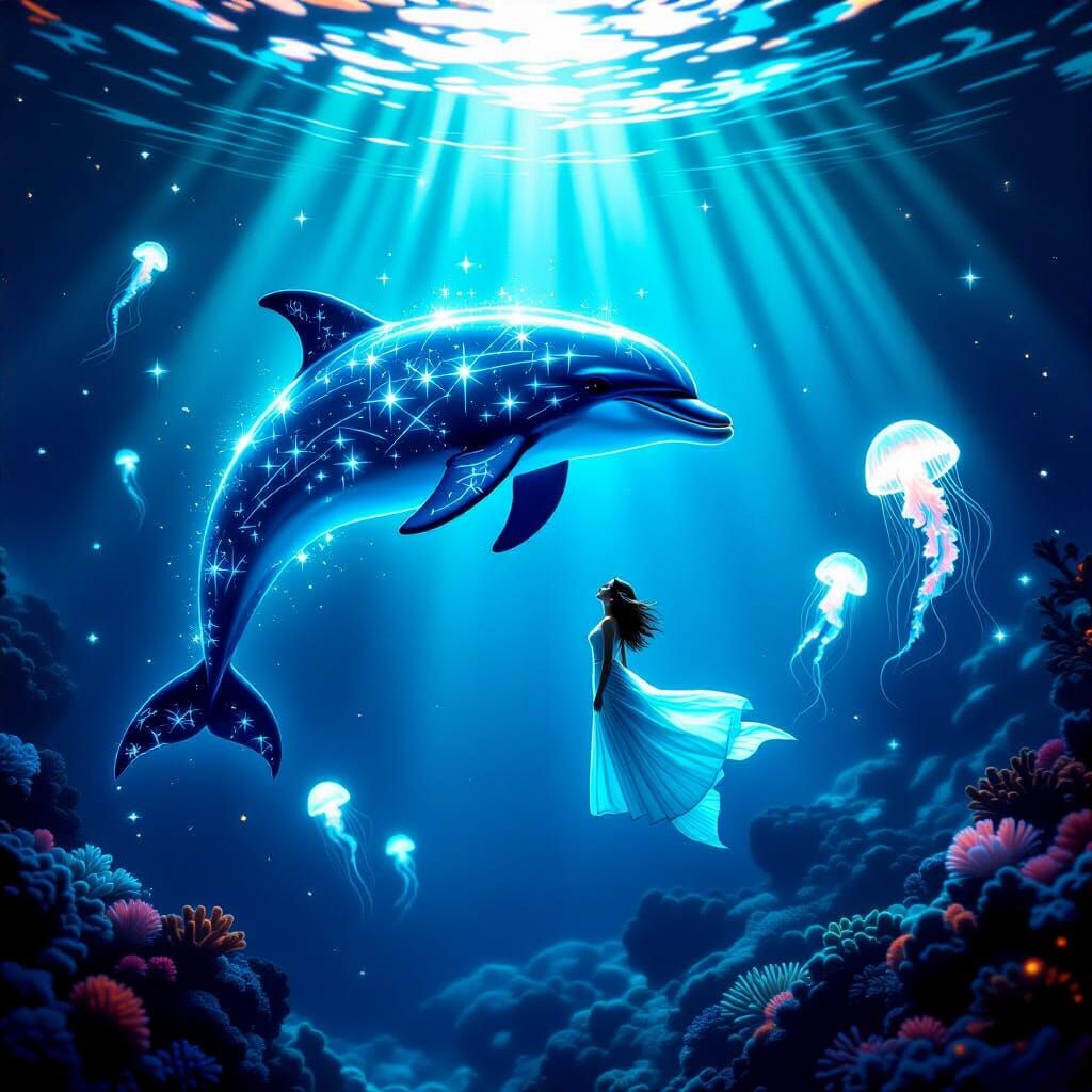 Celestial Dolphin Encounters Diver in Moonlit Ocean