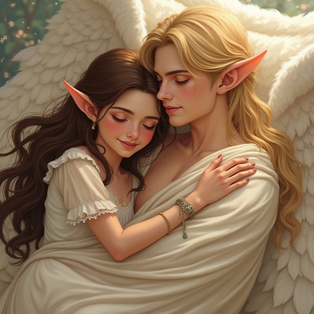 Angel and Elf Embrace: Dreamy Whimsical Art