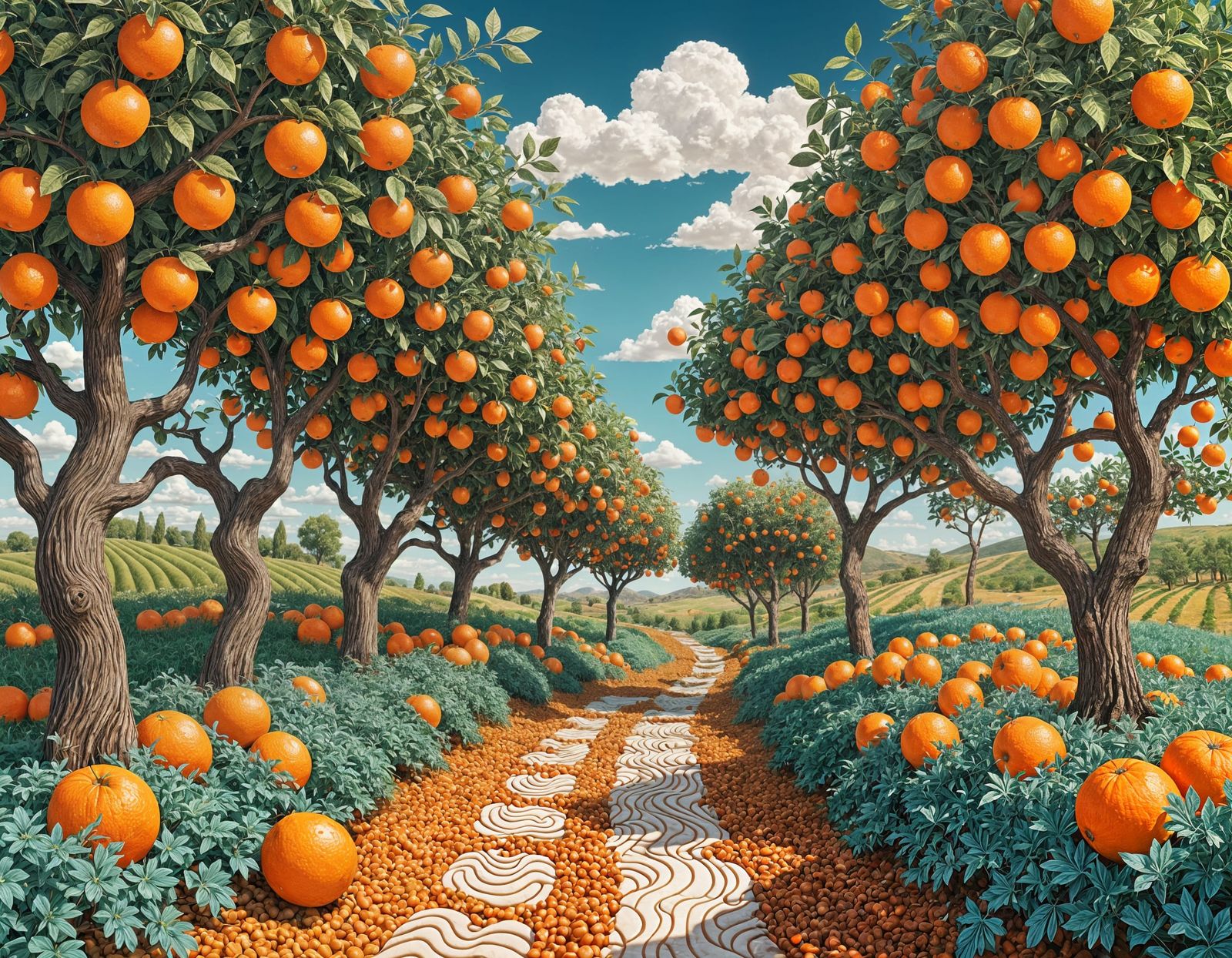 Whimsical Folk Art Orange Orchard Illustration