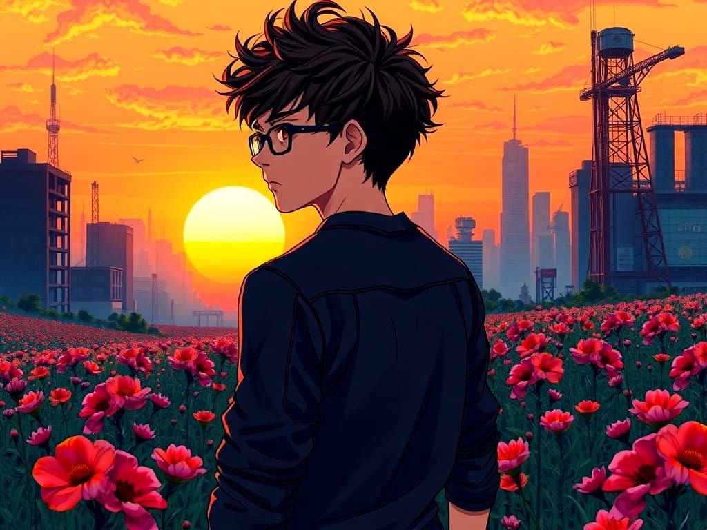 Cyberpunk Music Producer Sees Sunset in Flower Field