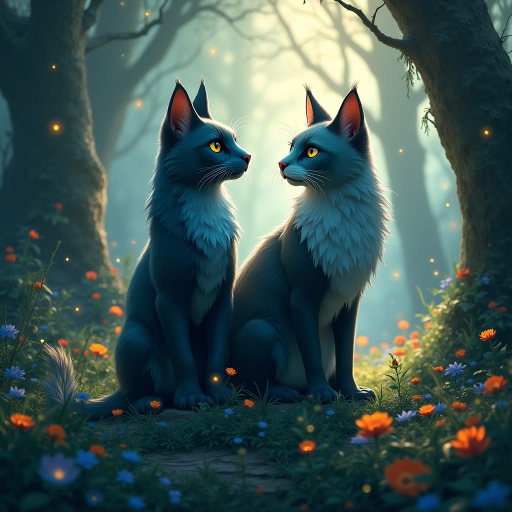 Majestic Warrior Cats in Ethereal Forest Landscape