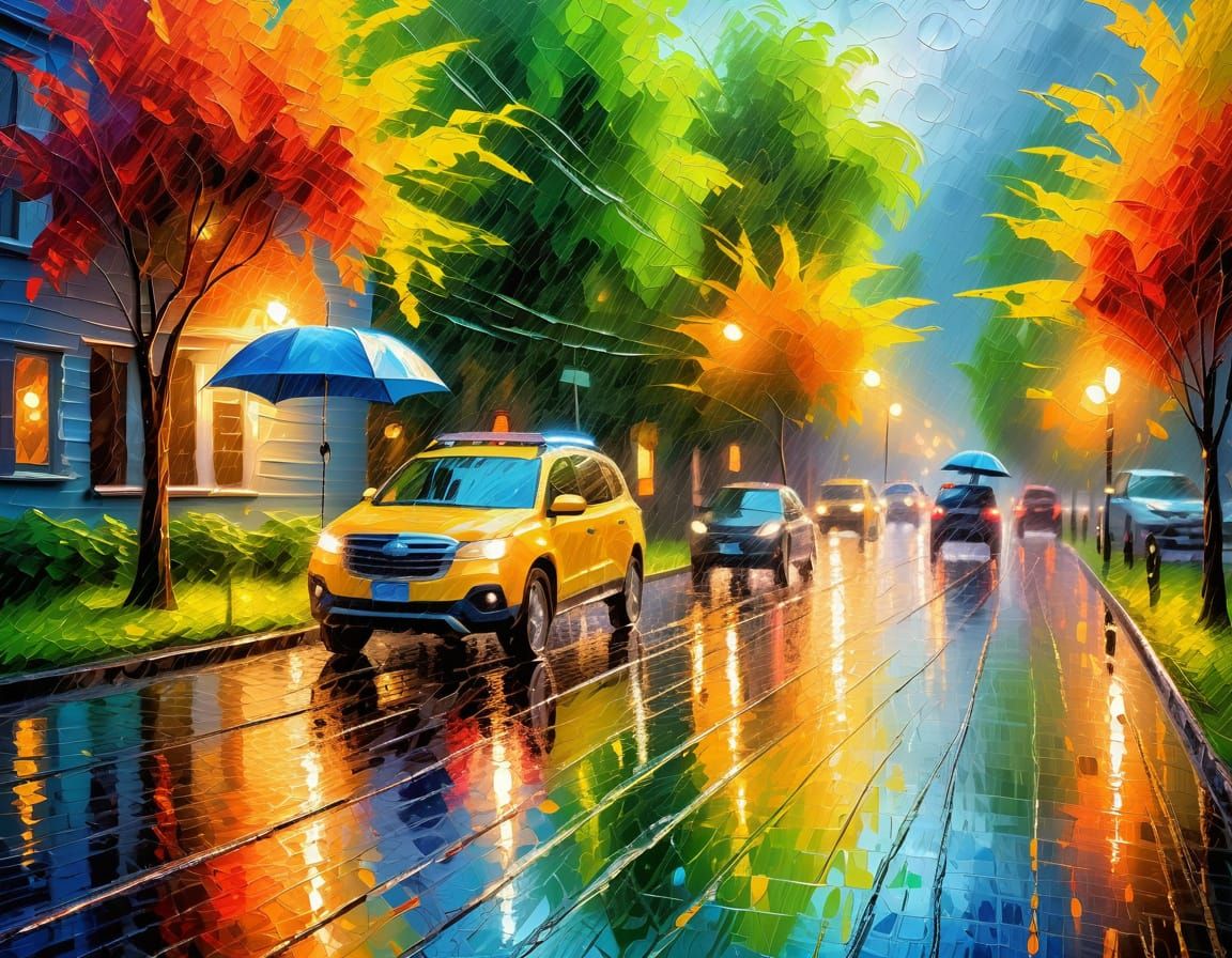 Impressionistic Summer Rain in Impasto Style