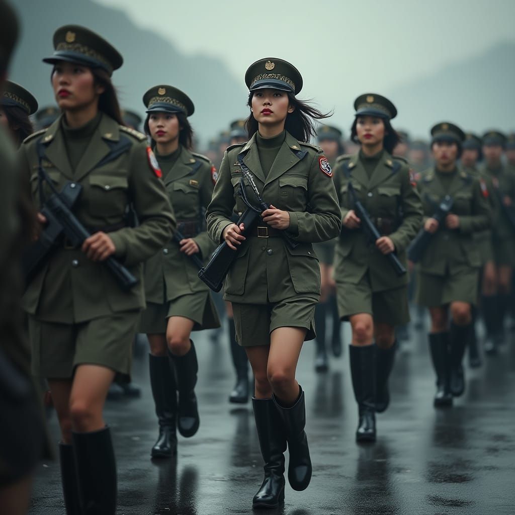 Women Soldiers in Korea Goosestep in Formation Under the Sha...
