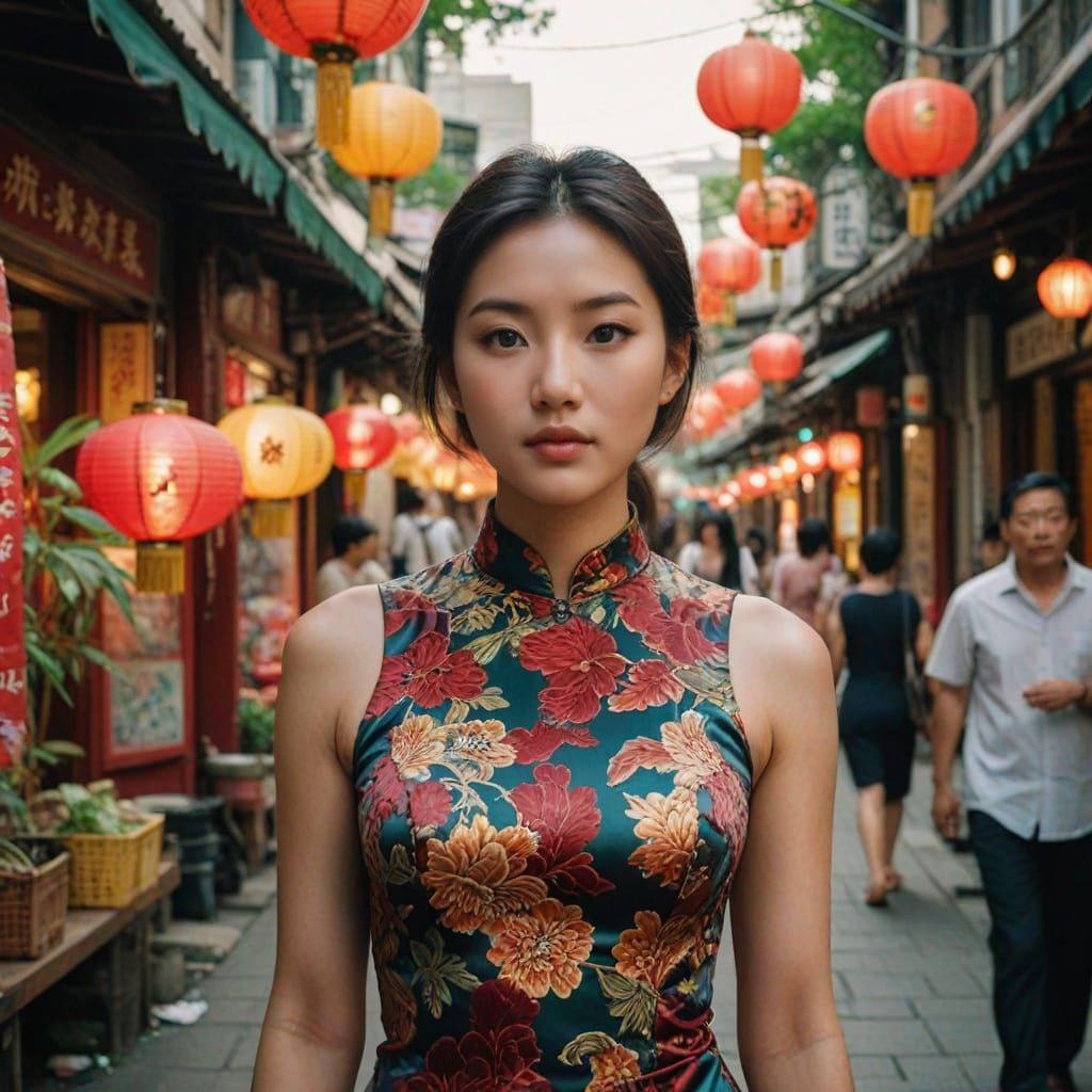 Stunning Asian Woman in Elegant Cheongsam Dress