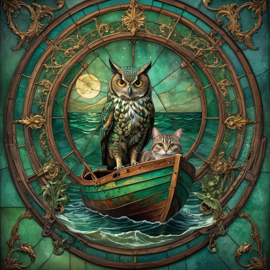 Stained Glass Boat with Cat and Owl in Whimsical Style
