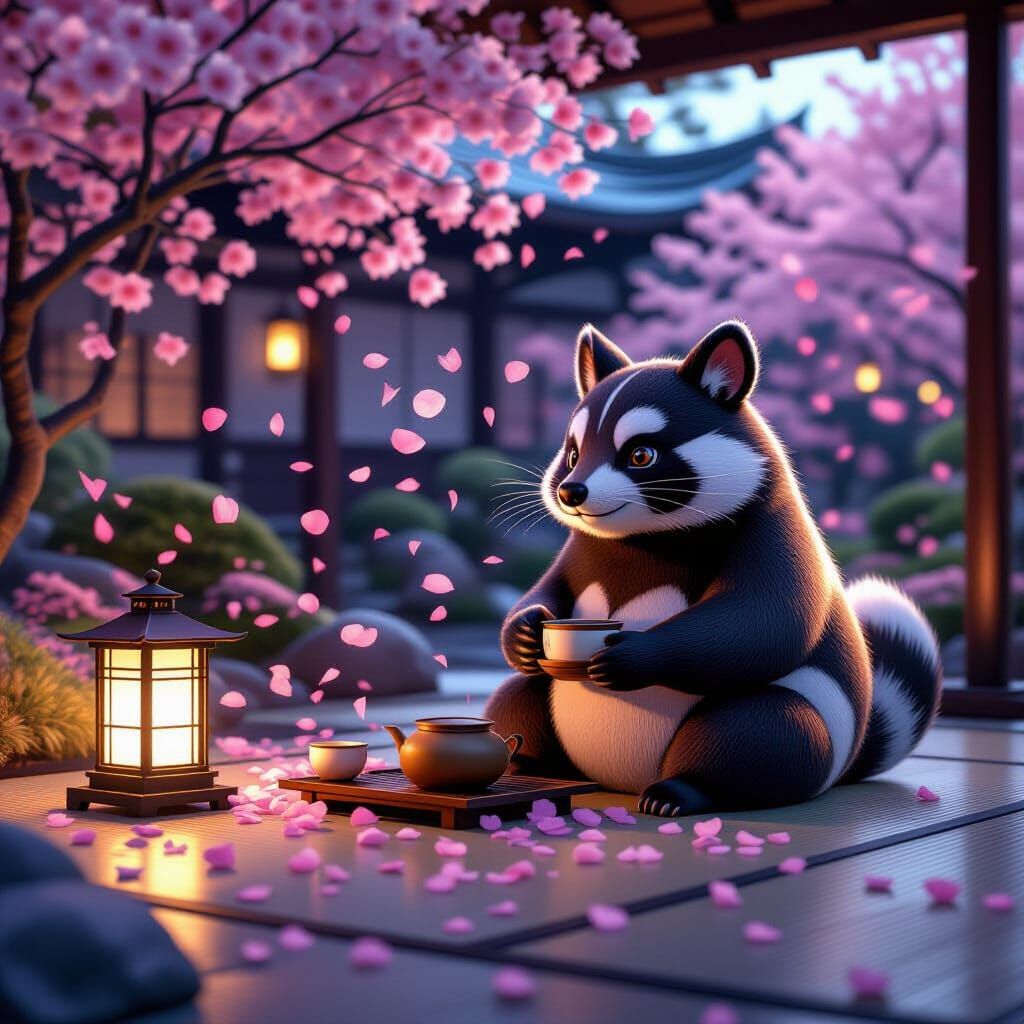 Tranquil Japanese Tea Garden with Tanuki in Anime Style