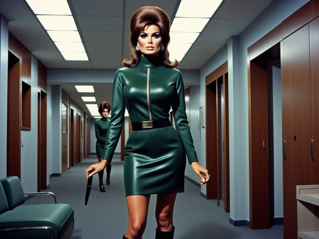 Raquel Welch 1960s Spy Agent in Shiny Green Outfit