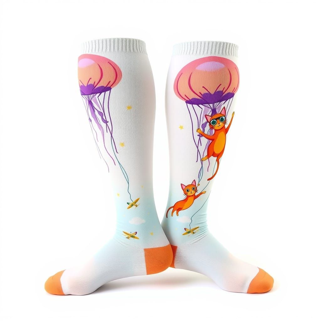 Whimsical Socks with Flying Cats and Jellyfish Balloons